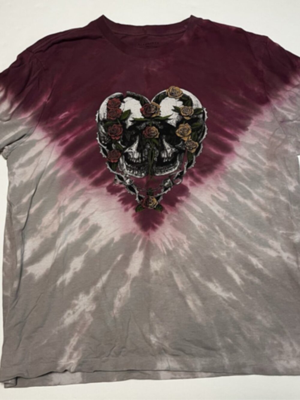 AllSaints Skull Rose Graphic T Shirt Medium Tie Dye 100% Cotton Made Portugal